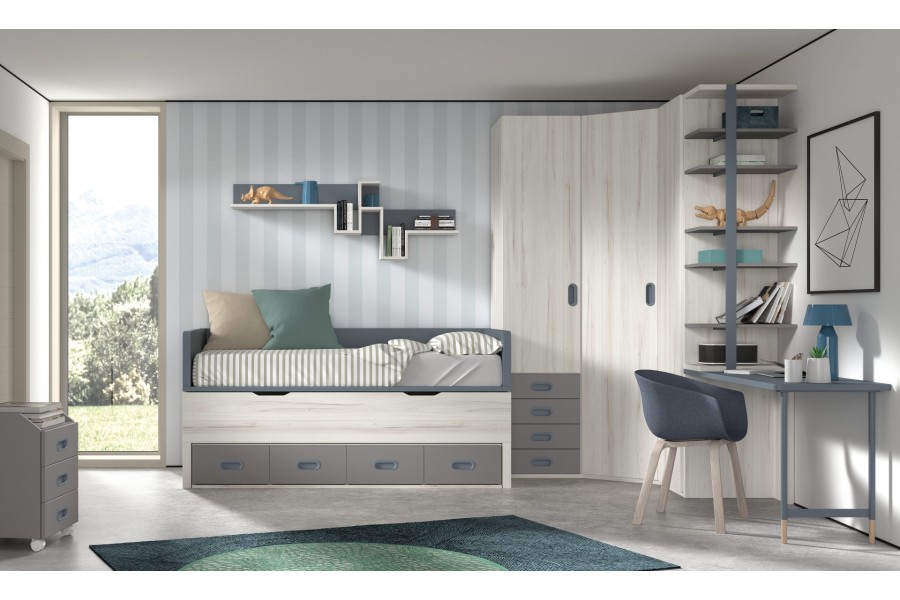 Dormitorio juvenil con Armario de rincón y Cama compacto REF.001 1010f