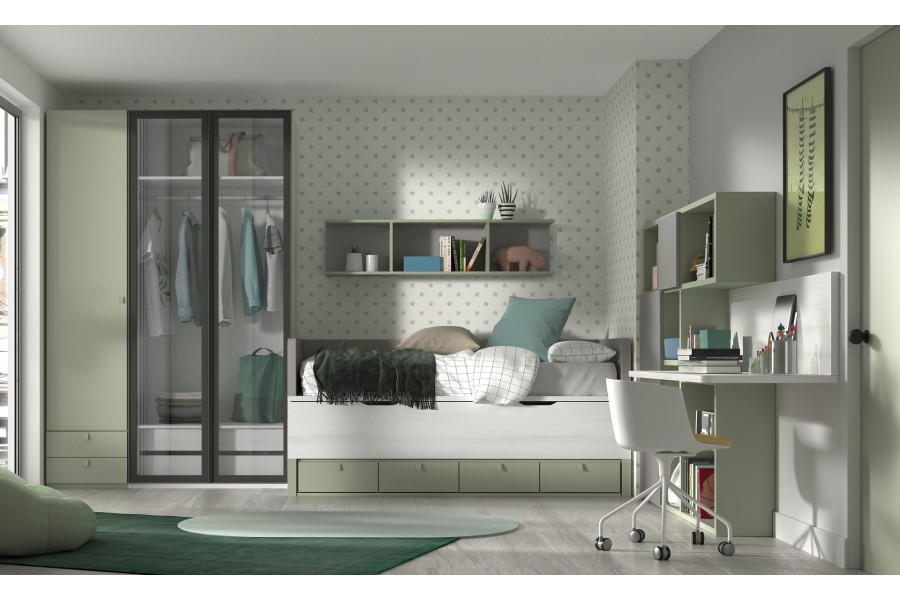 Dormitorio juvenil con Armario de puertas batientes y Cama compacto REF.003 1010f