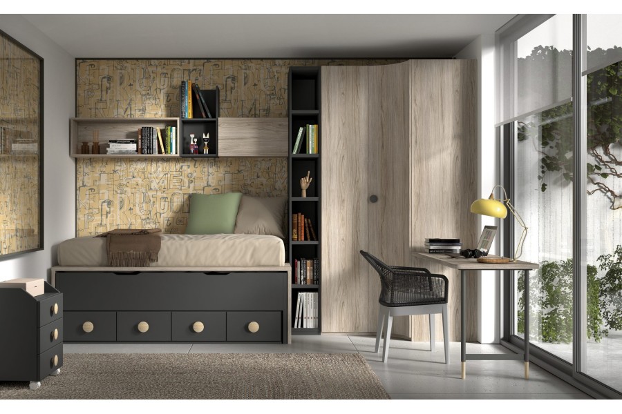 Dormitorio juvenil con Armario de rincón y Cama compacto REF.007 1010f
