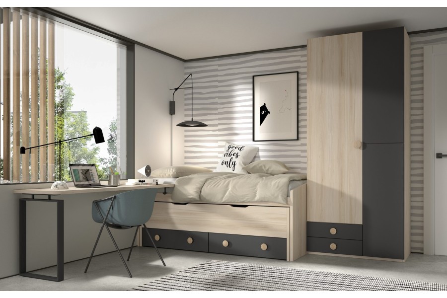 Dormitorio juvenil con Armario de puertas batientes y Cama compacto REF.013 1010f