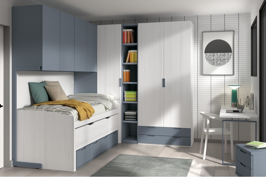 Dormitorio juvenil con Puente, Armario de puertas batientes y Cama compacto REF.014 1010f