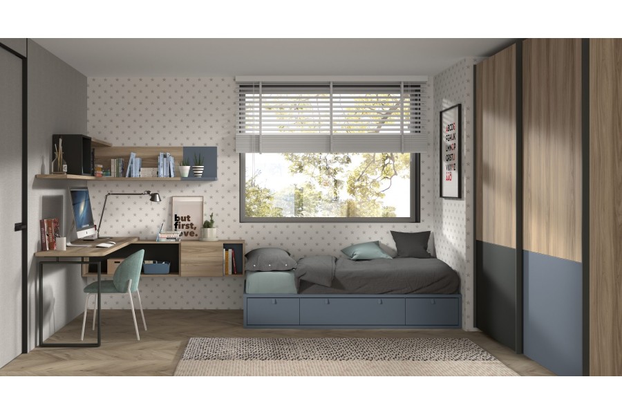 Dormitorio juvenil con Armario de puertas correderas y cama nido con cajones REF.108 1010f