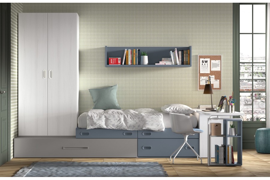 Dormitorio juvenil con Armario de puertas batientes y Cama block REF.154 1010f