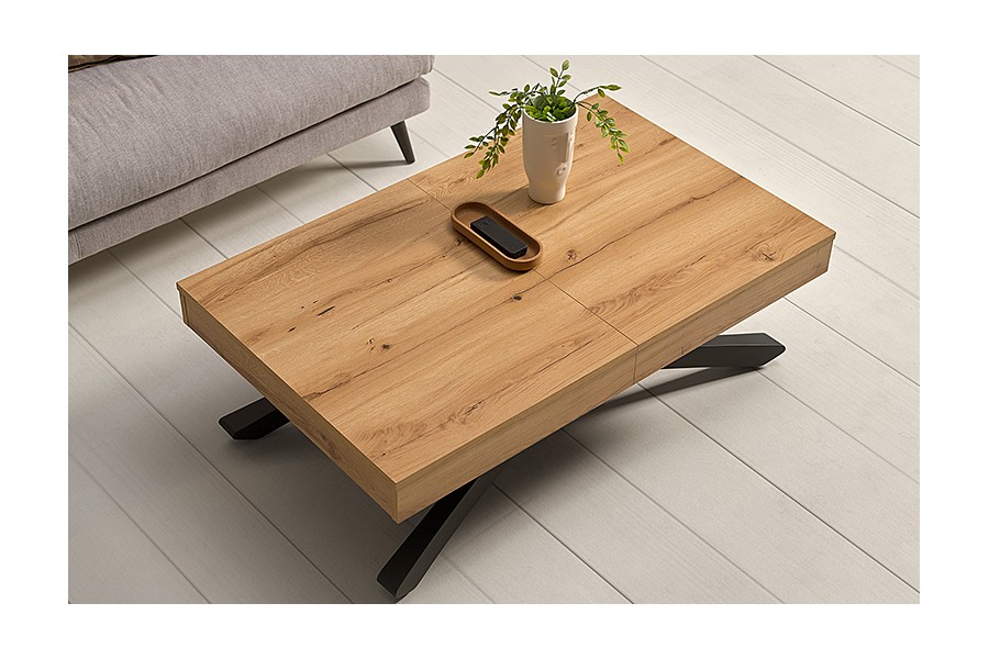 Mesa de centro convertible a mesa de comedor de chapa natural con patas metálicas de estilo industrial Ref.Lo.w1 3165
