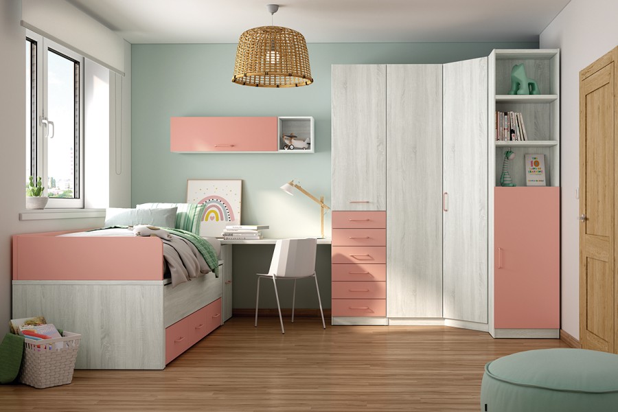 Dormitorio juvenil con cama compacto con cajones y armario de rincón REF.201 399Lid