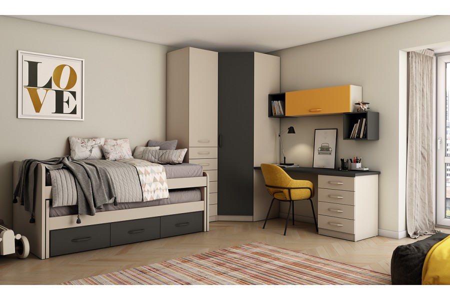 Dormitorio juvenil con cama compacto con cajones y armario de rincón REF.203 399Lid