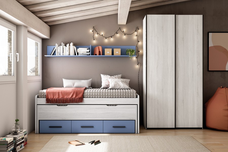 Dormitorio juvenil con cama compacto con cajones y armario de puertas correderas REF.205 399Lid