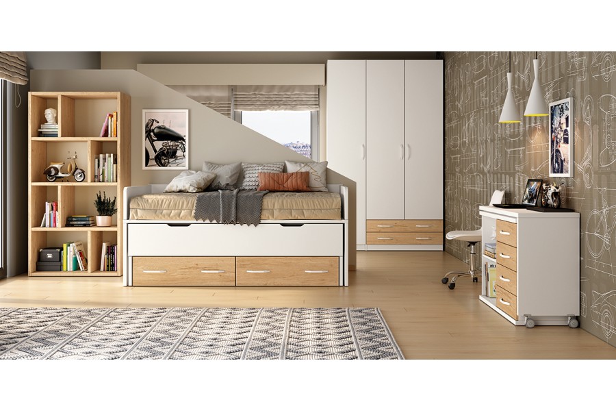 Dormitorio juvenil con cama compacto con cajones y armario de puertas batientes REF.207 399Lid
