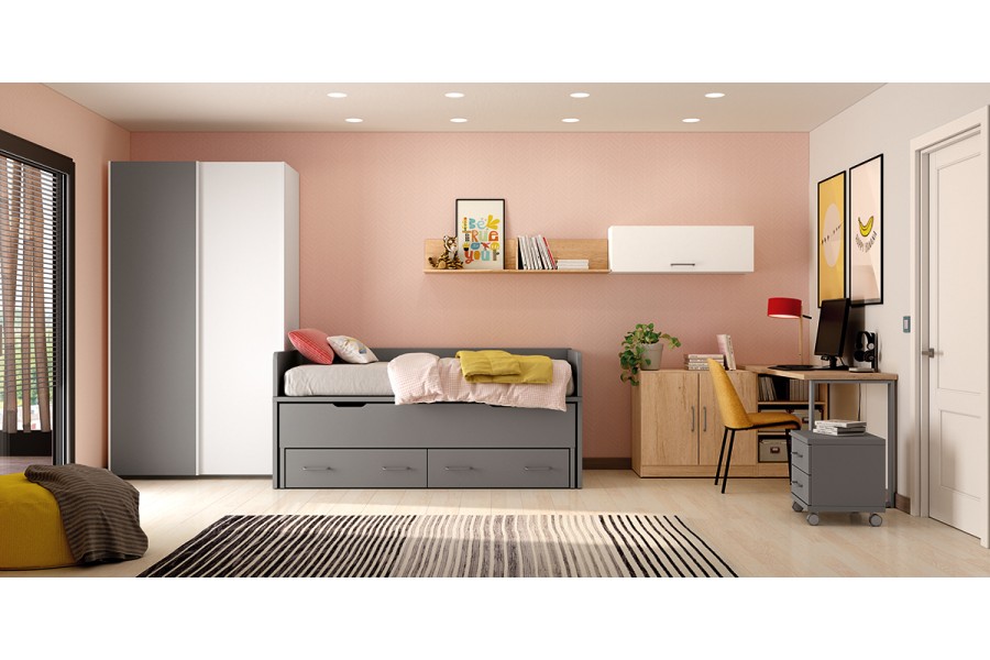 Dormitorio juvenil con cama compacto con cajones y armario de puertas correderas REF.208 399Lid