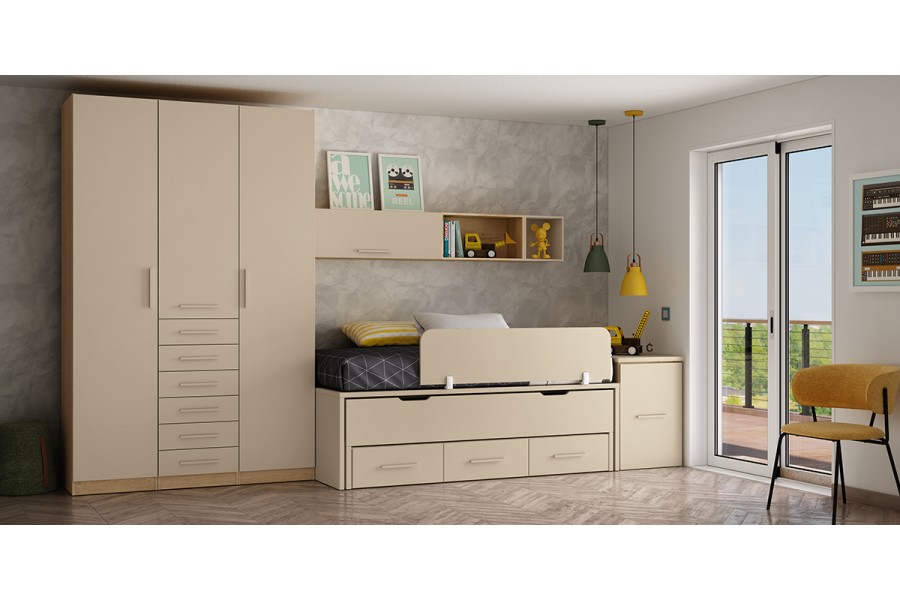 Dormitorio juvenil con cama compacto con cajones y armario de puertas batientes REF.209 399Lid