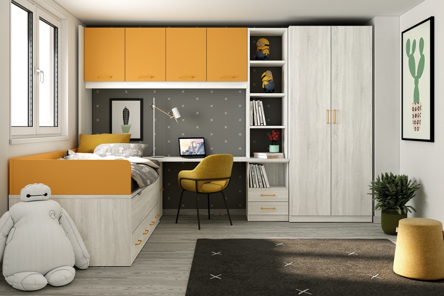 Dormitorio juvenil con puente y cama compacto con cajones REF.213 399Lid