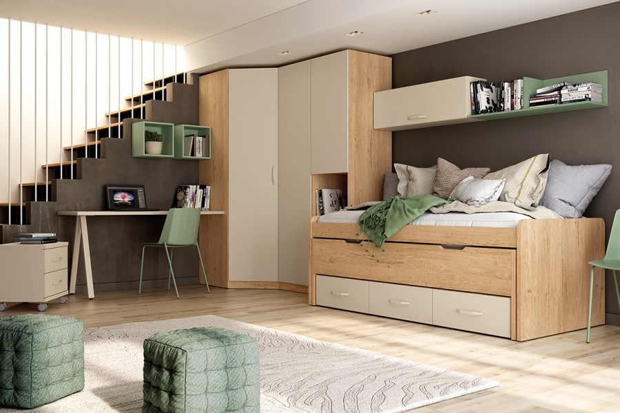 Dormitorio juvenil con cama compacto con cajones y armario de rincón REF.214 399Lid