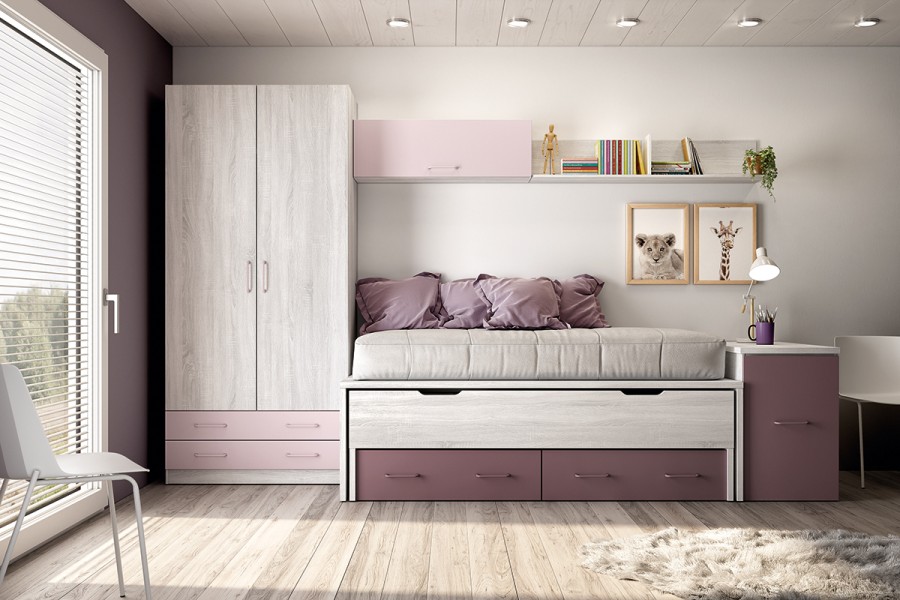 Dormitorio juvenil con cama compacto con cajones y armario de puertas batientes REF.215 399Lid