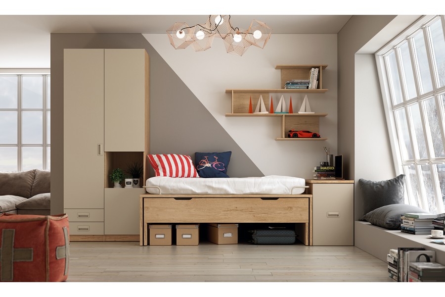 Dormitorio juvenil con cama compacto con hueco y armario de puertas batientes REF.218 399Lid