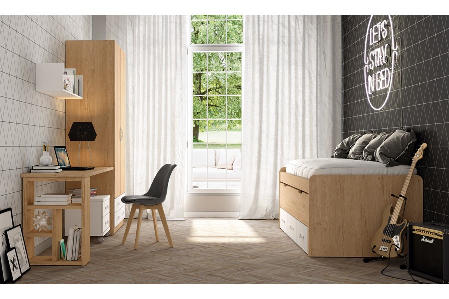 Dormitorio juvenil con cama compacto con cajones y armario de puertas batientes REF.220 399Lid