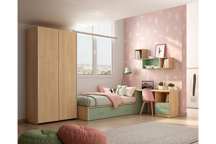 Dormitorio juvenil con cama nido y armario de puertas correderas REF.223 399Lid