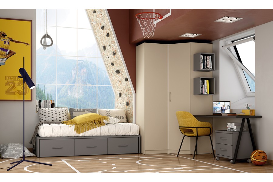 Dormitorio juvenil con cama nido y armario de rincón REF.225 399Lid