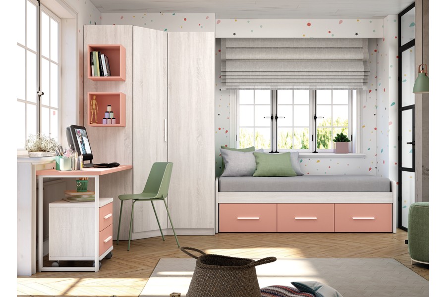 Dormitorio juvenil con cama nido y armario de rincón REF.231 399Lid