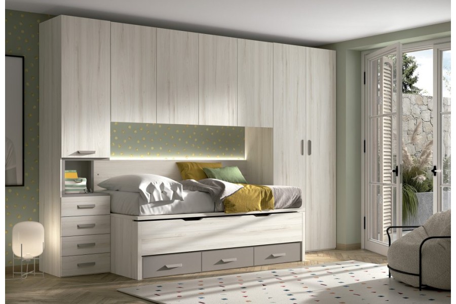 Dormitorio juvenil con puente y cama compacto con cajones REF.005 1010B