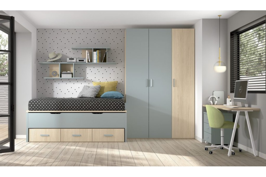 Dormitorio juvenil con cama compacto con cajones y armario batientes REF.001 1010B