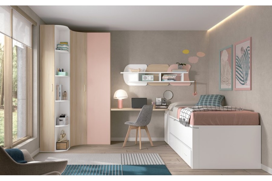 Dormitorio juvenil con cama compacto con cajones y armario de rincón REF.002 1010B