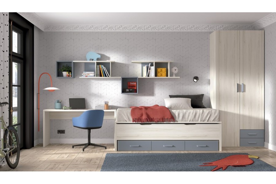 Dormitorio juvenil con cama compacto con cajones y armario batientes REF.003 1010B