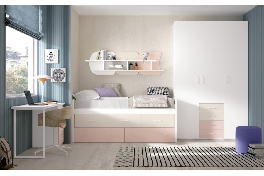 Dormitorio juvenil con cama compacto con cajones y armario batientes REF.004 1010B