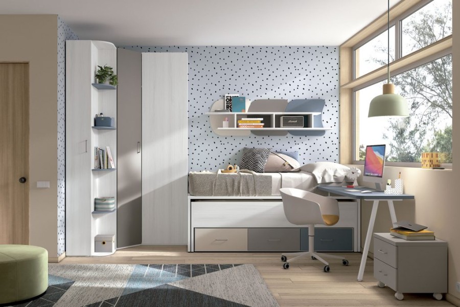 Dormitorio juvenil con cama compacto con cajones y armario de rincón REF.008 1010B
