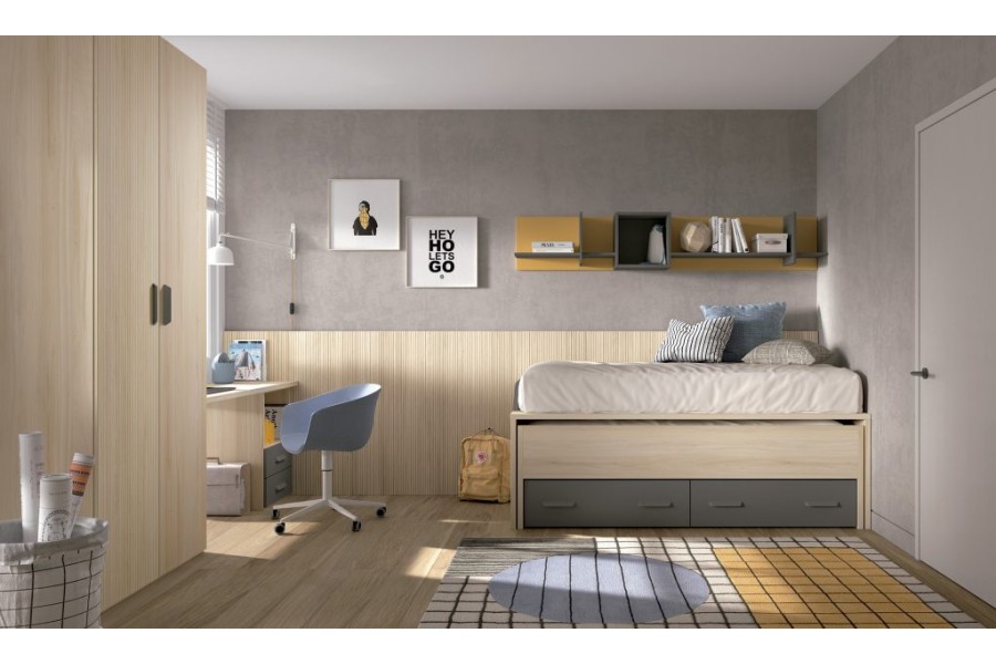 Dormitorio juvenil con cama compacto con cajones y armario batientes REF.011 1010B