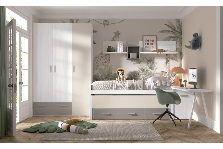 Dormitorio juvenil con cama compacto con cajones y armario batientes REF.012 1010B