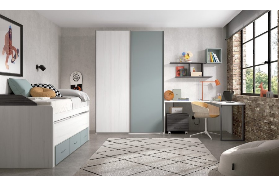 Dormitorio juvenil con cama compacto con cajones y armario de puertas correderas REF.013 1010B