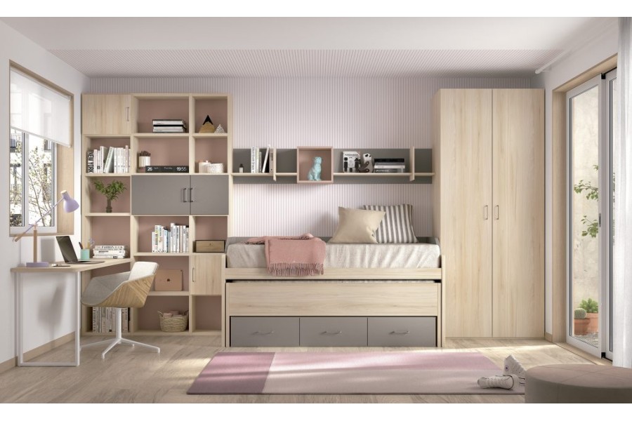 Dormitorio juvenil con cama compacto con cajones y armario batientes REF.015 1010B