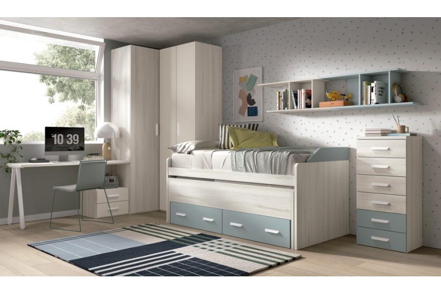 Dormitorio juvenil con cama compacto con cajones y armario de rincón REF.016 1010B