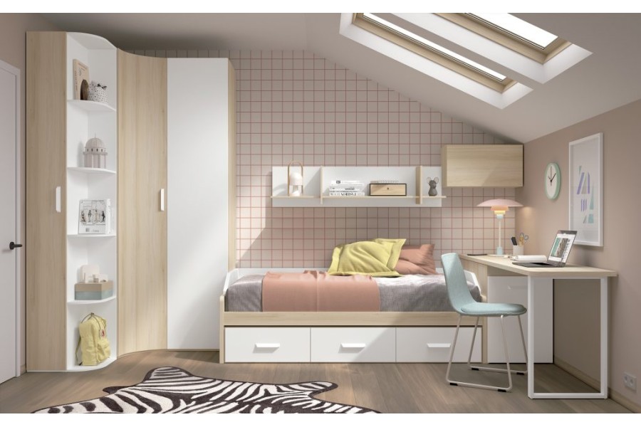 Dormitorio juvenil con cama nido con cajones y armario de rincón REF.018 1010B