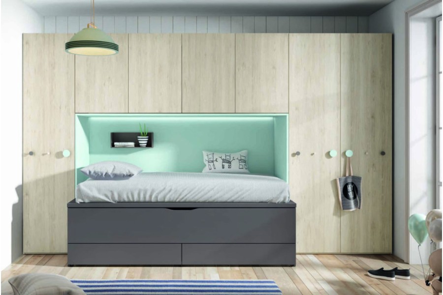 Dormitorio juvenil con puente y cama compacto con cajones REF.21 2540
