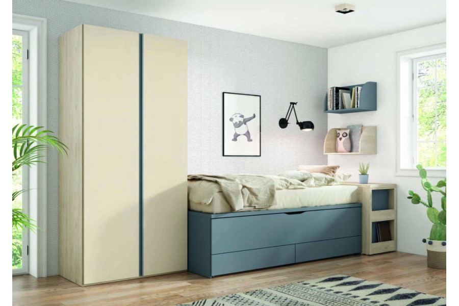 Dormitorio juvenil con cama compacto con cajones y armario de puertas batientes REF.15 2540