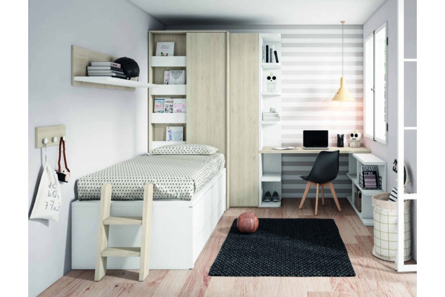 Dormitorio juvenil con cama compacto con cajones y armario de rincón REF.17 2540