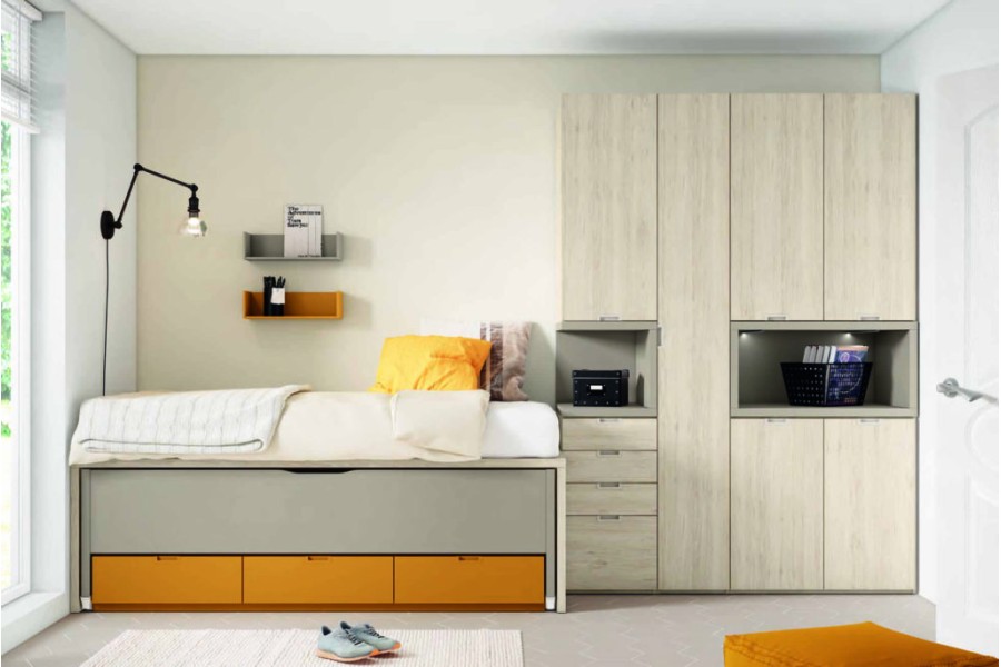 Dormitorio juvenil con cama compacto con cajones y armario de puertas batientes REF.24 2540