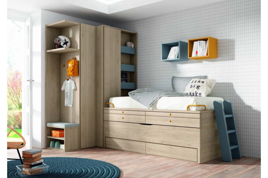 Dormitorio juvenil con armario rincón, cama con nido y cajones y
