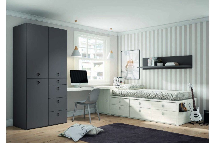 Dormitorio juvenil con cama compacto con cajones y armario de puertas batientes REF.28 2540