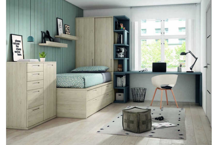 Dormitorio juvenil con cama compacto con cajones y armario de rincón REF.30 2540