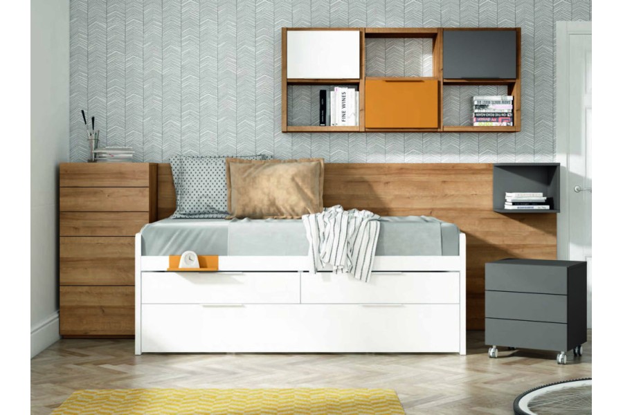 Dormitorio juvenil con cama compacto con cajones sin armario REF.32 2540