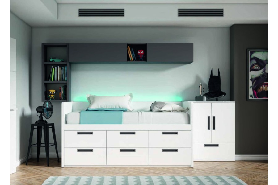 Dormitorio juvenil con cama compacto con cajones sin armario REF.33 2540
