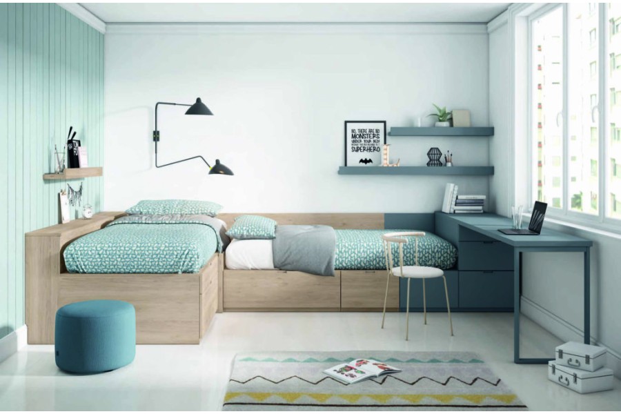 Dormitorio juvenil con 2 camas con cajones sin armario REF.35 2540