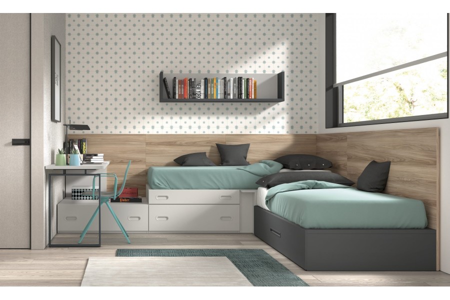 Dormitorio juvenil con 2 camas con cajones sin armario REF.159 1010F