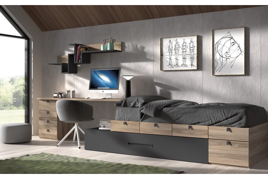 Dormitorio juvenil con cama block con cajones sin armario REF.153 1010f