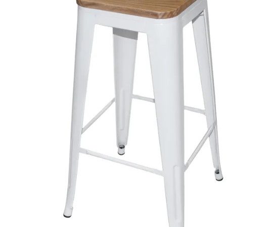 Taburete alto de metal blanco con asiento madera Ref.4149 10201