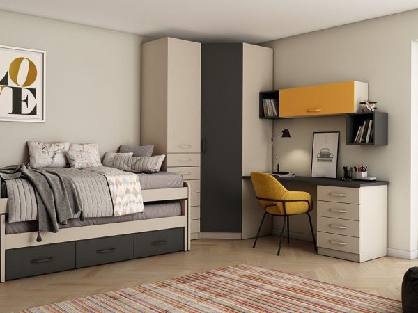 Dormitorio juvenil con cama compacto con cajones y armario de rincón REF.203 399Lid