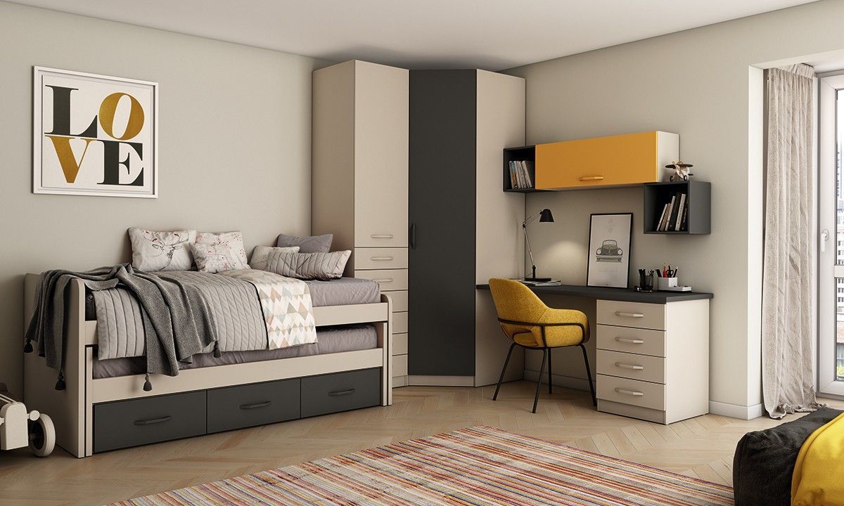 Dormitorio juvenil con cama compacto con cajones y armario de rincón REF.203 399Lid Dormitorio juvenil con cama compacto con cajones y armario de rincón REF.203 399Lid