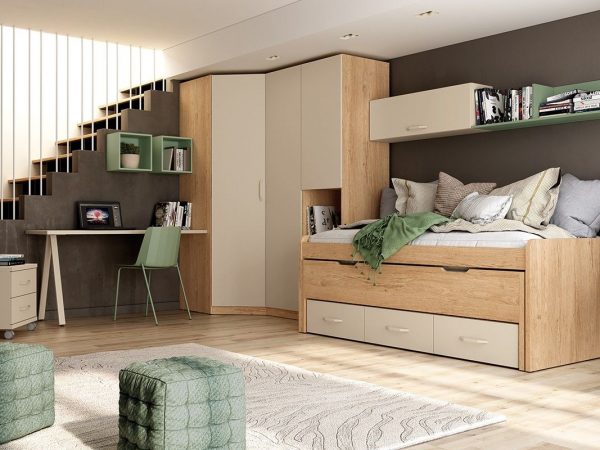 Dormitorio juvenil con cama compacto con cajones y armario de rincón REF.214 399Lid